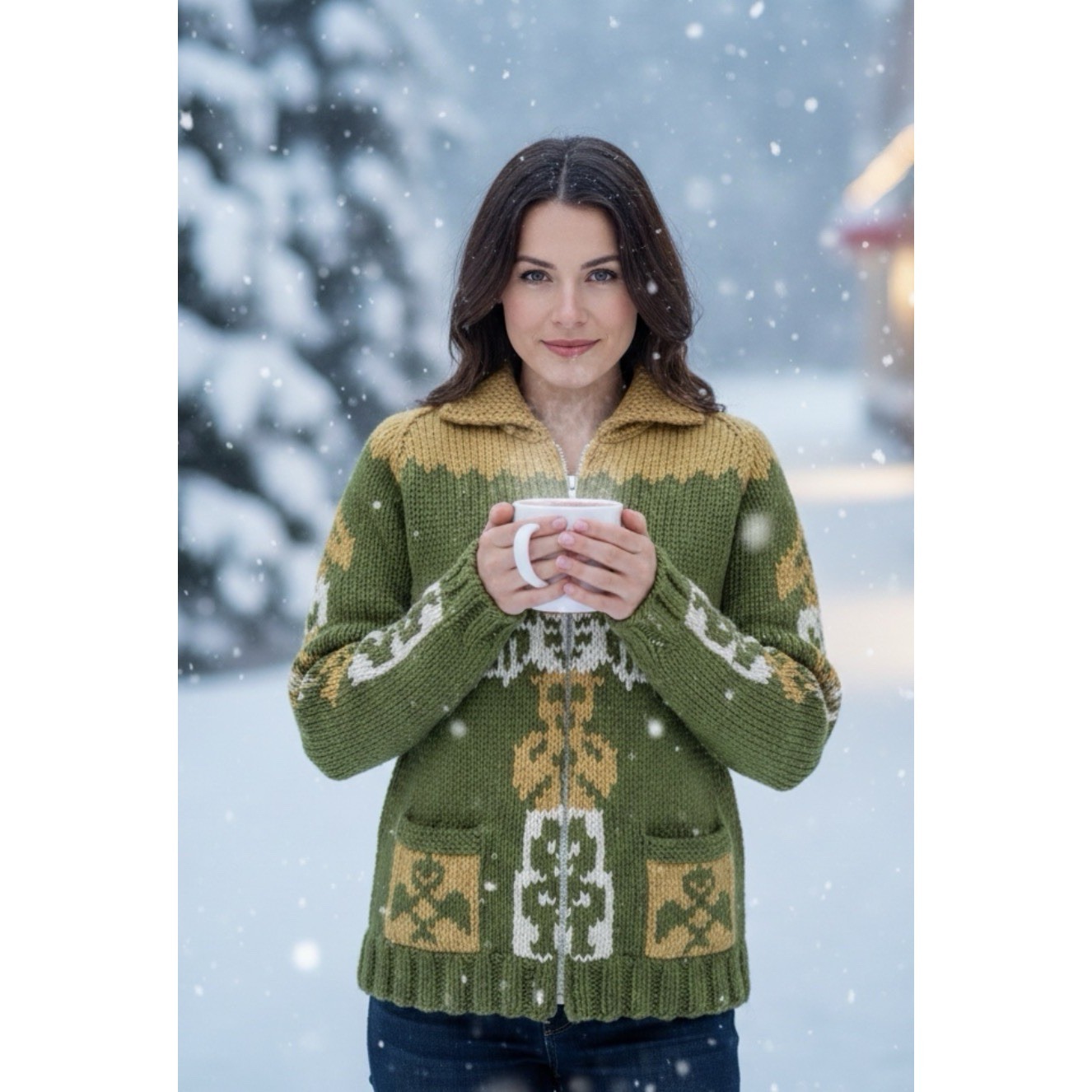 Vintage Cowichan Sweater Womens Size S Green Totem Alaska Warm Heavy Cardigan